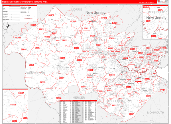 Middlesex-Somerset-Hunterdon Metro Area Digital Map Red Line Style